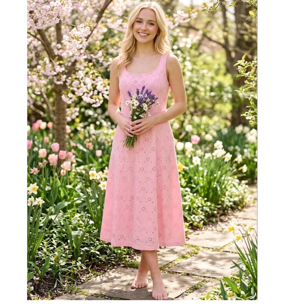 J.Crew Pink Cotton Eyelet Midi Dress Smocked Back Pockets CS891 NWT Size 10